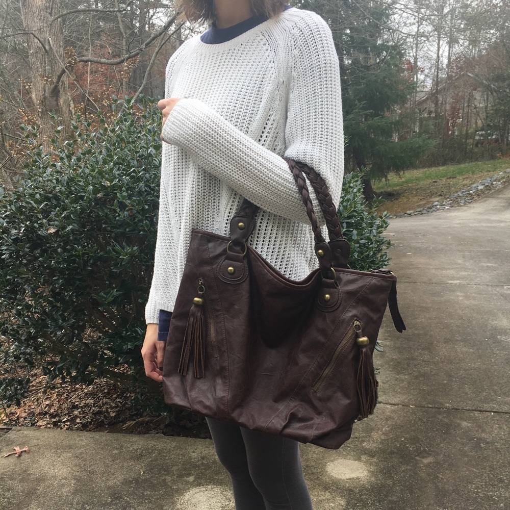 Brown Faux Leather Tote Bag